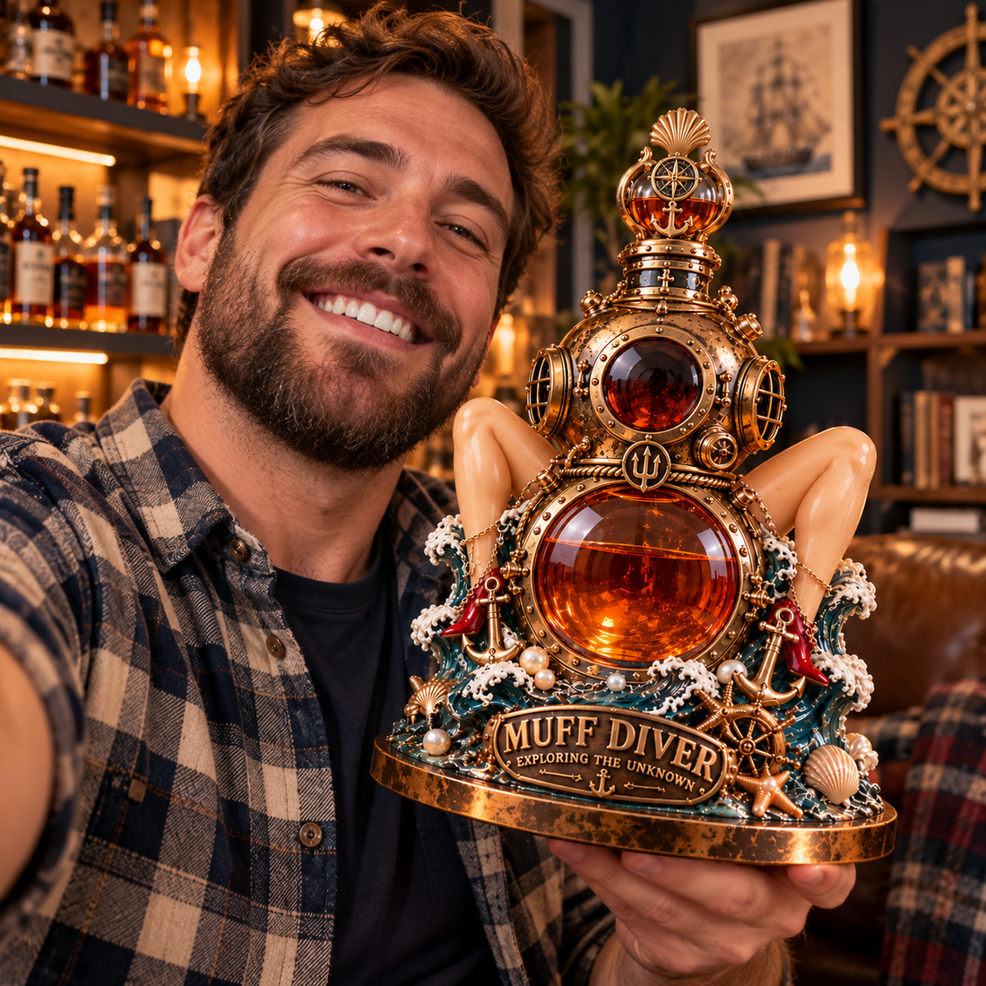 MUFF DIVER whiskey decanter lifestyle gift presentation in a home bar
