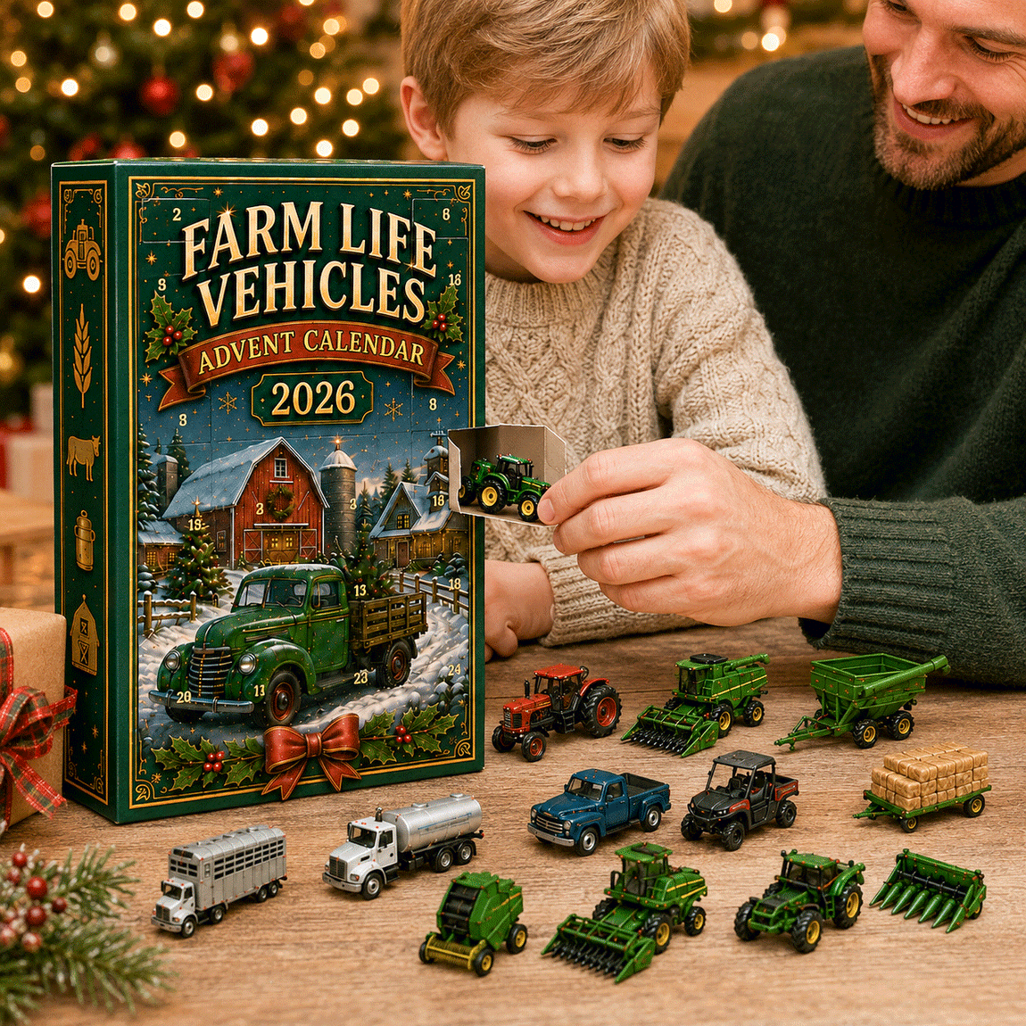 Father and child opening a Farm Life Vehicles Advent Calendar together