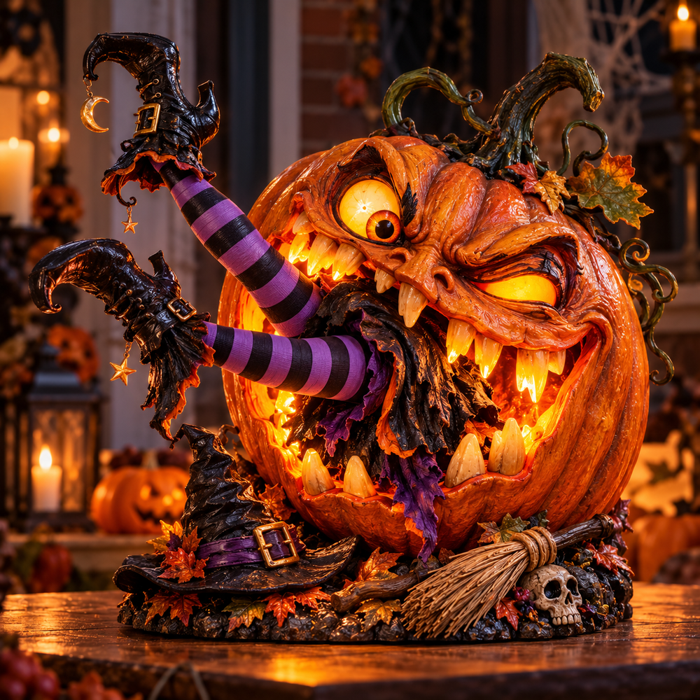 The Pumpkin Ate the Witch Halloween lamp with a wicked illuminated pumpkin face and two striped witch legs