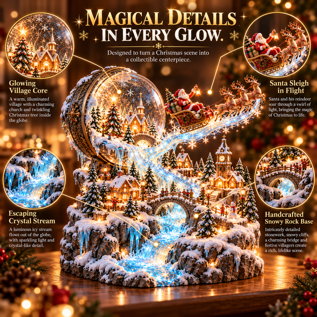 Detailed features of Enchanted Snow Globe Christmas village