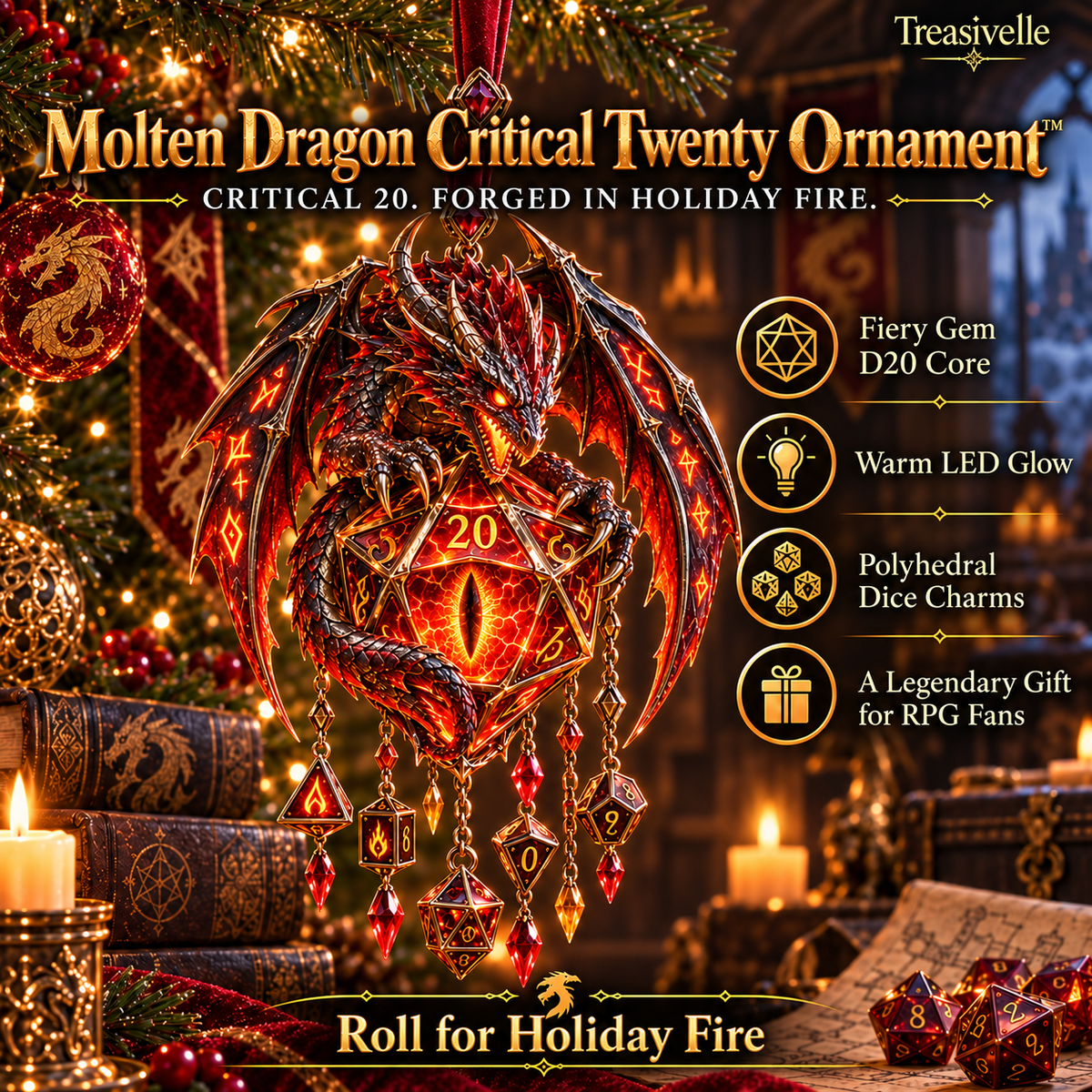 🐉🎲 Dragon Critical Twenty Ornament™ – Lighted D20 Fantasy Christmas Decor