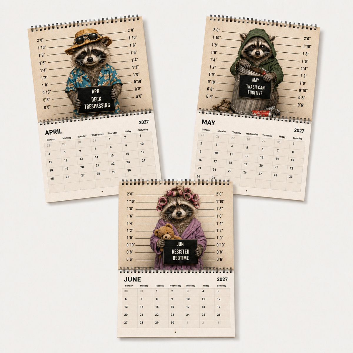 April May June Raccoon Crime Syndicate 2027 Calendar pages