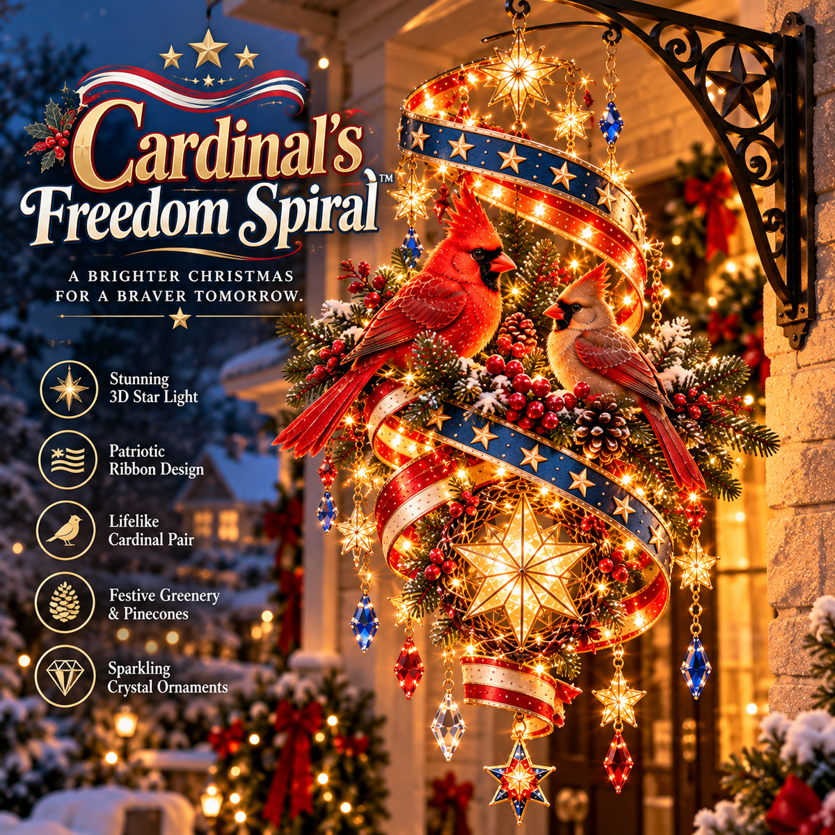 🇺🇸❤️ Cardinal's Freedom Spiral™ – Lighted Patriotic Christmas Porch Hanging Decor with Cardinal Pair, Glowing 3D Star & Red White Blue Ribbon ✨🎄