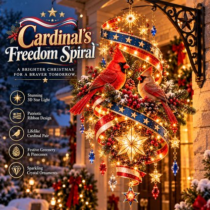 🇺🇸❤️ Cardinal's Freedom Spiral™ – Lighted Patriotic Christmas Porch Hanging Decor with Cardinal Pair, Glowing 3D Star & Red White Blue Ribbon ✨🎄
