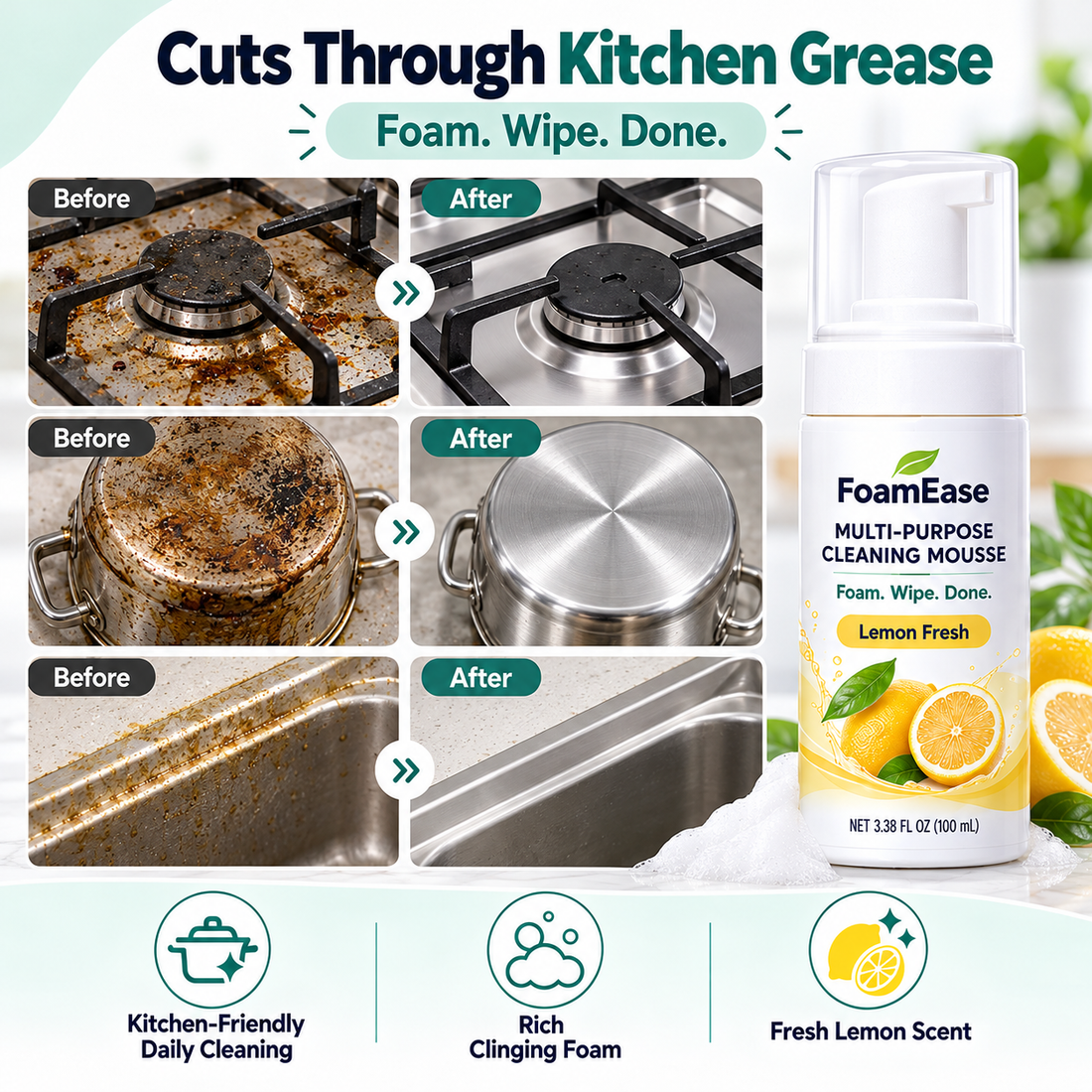 FoamEase illustrated before and after kitchen grease cleaning