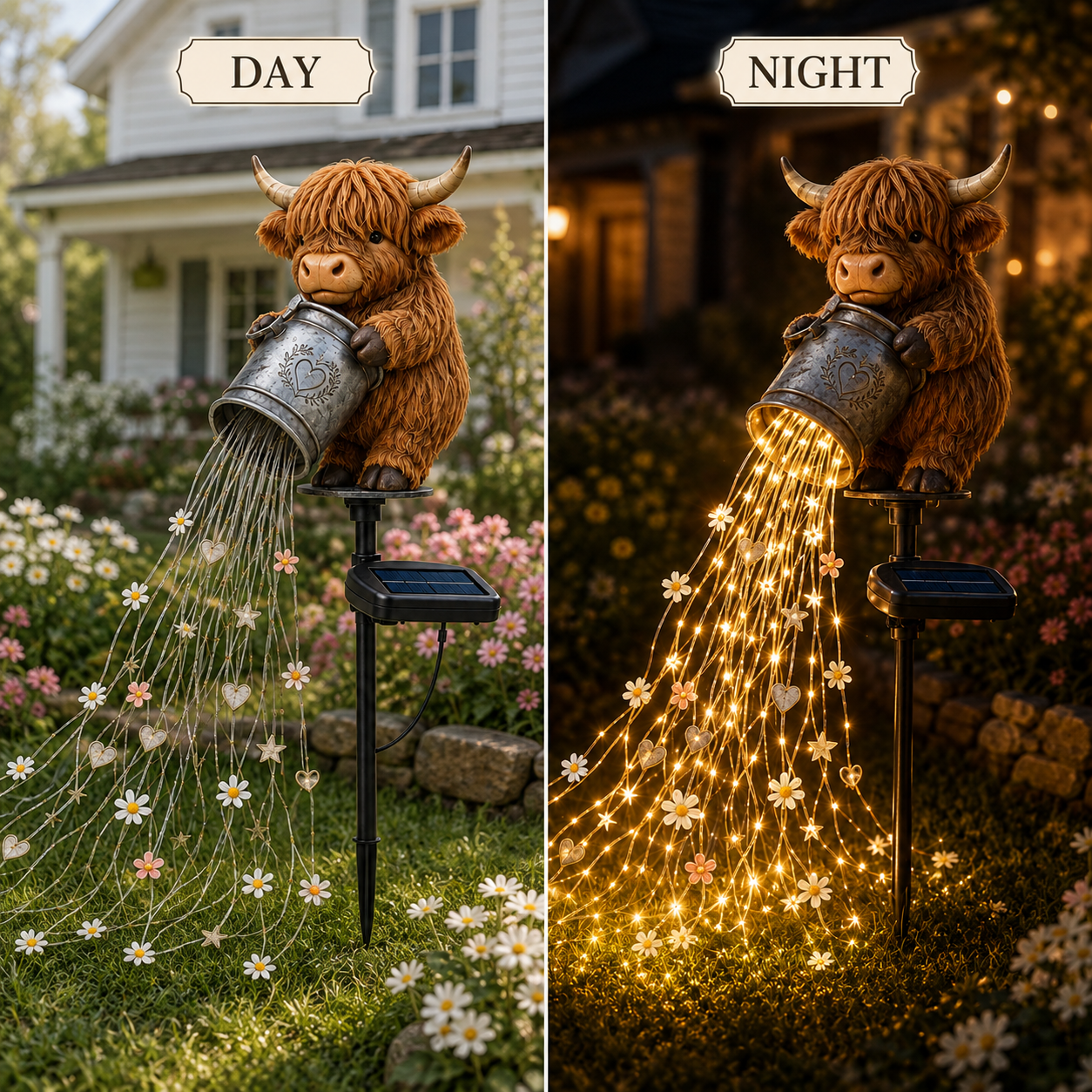 Day and night comparison of Highland Cow solar garden light