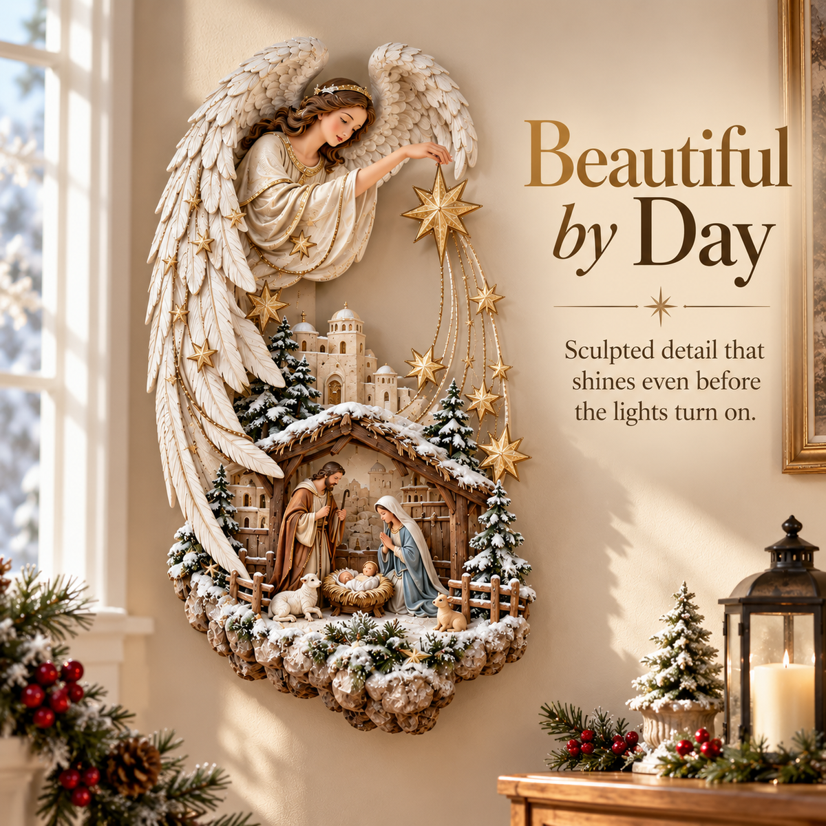 ✨ Heavenly Guardian™ Lighted Nativity Wall Decor – 3D Angel & Holy Family Christmas Wall Art