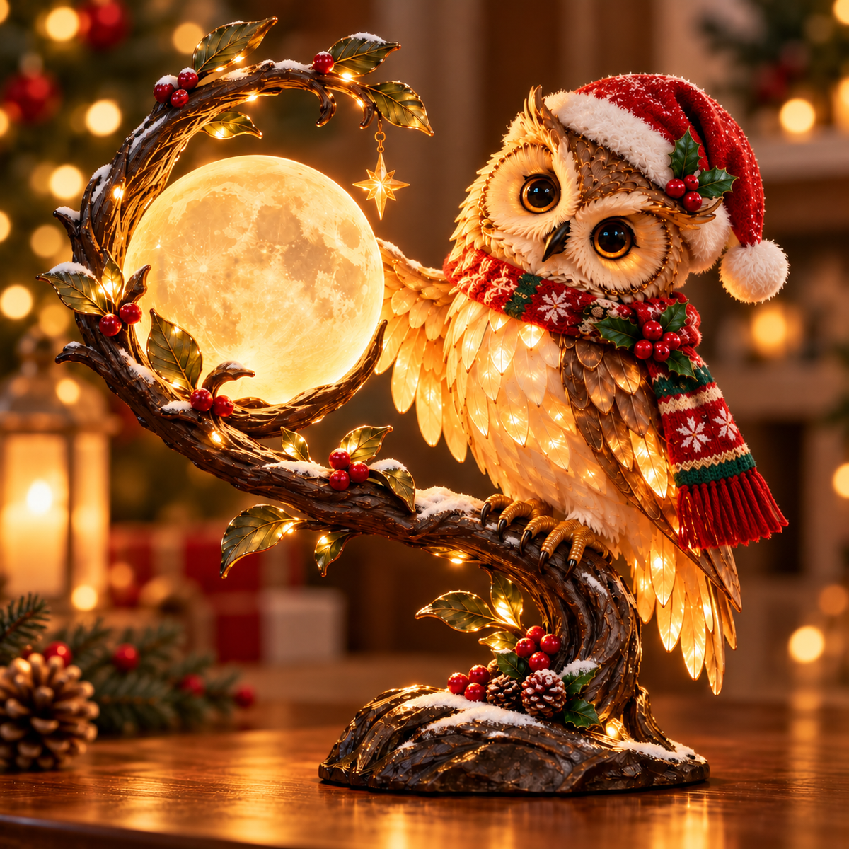 Moonkeeper Owl lamp displayed beside Christmas decorations in a cozy living room