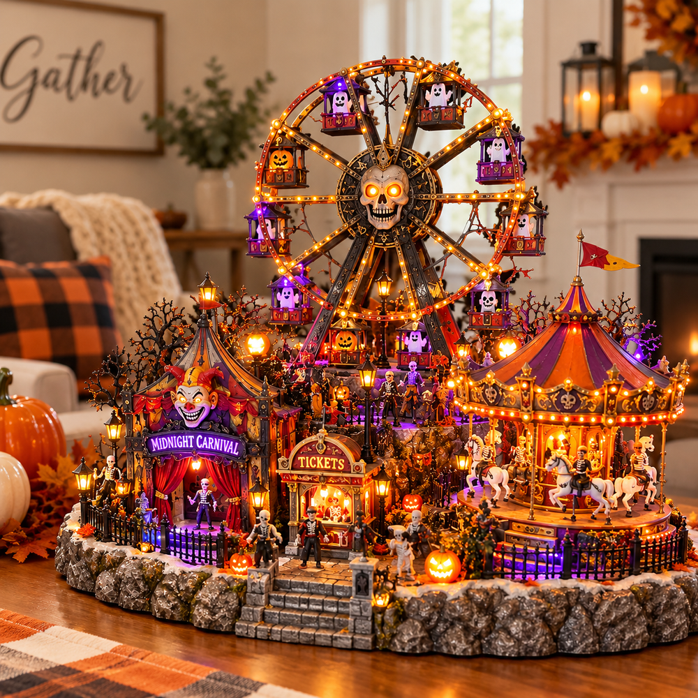 Close view of haunted carnival miniature Ferris wheel, skeleton carousel, glowing pumpkins and gothic circus