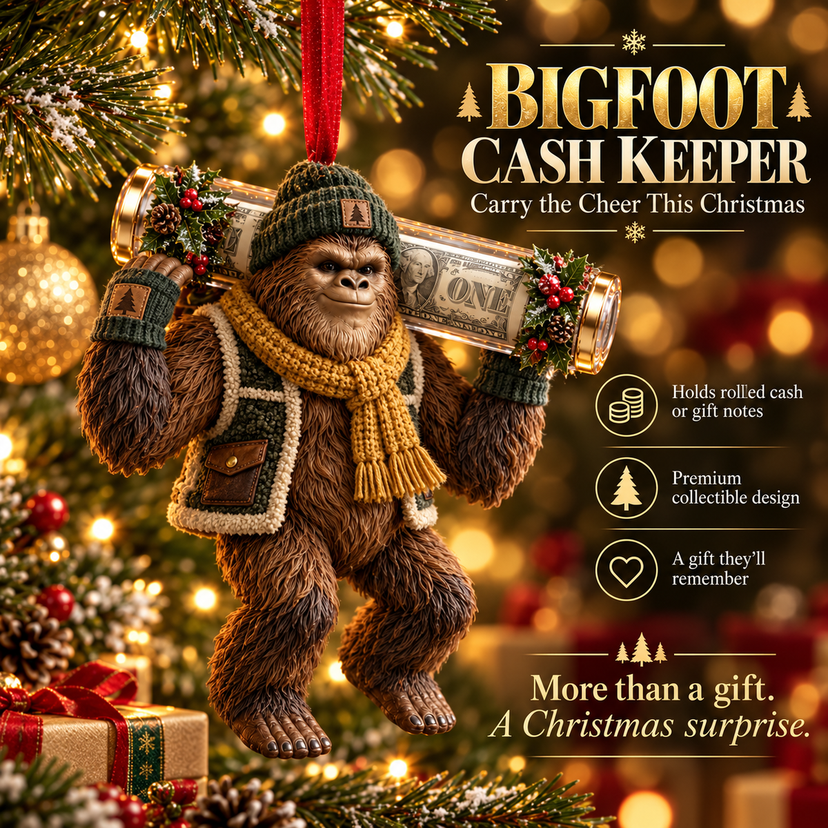 🔥Buy 3, Get 1 Free - 🎄👣 Bigfoot Cash Keeper™ – 15 Funny Christmas Cash Holder Ornaments 💵🎁