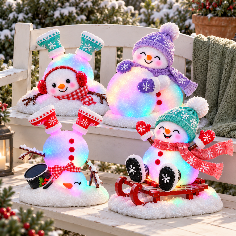 All four snowman designs arranged together on a white Christmas bench and table, showing Hide-and-Seek, Flip-Flop, Sledding and Snowball Buddy