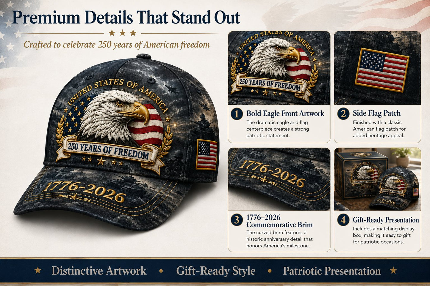 ✨2026 Architecturm®250 Years of Freedom Eagle Cap | Embroidered Patriotic Vintage Baseball Hat – 1776–2026 American Tribute Edition