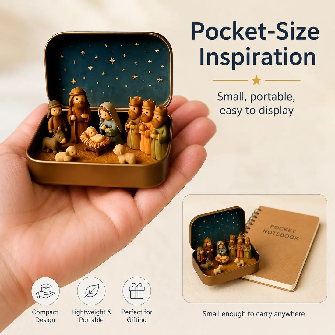 Pocket Nativity displayed beside Bible and Christmas decor