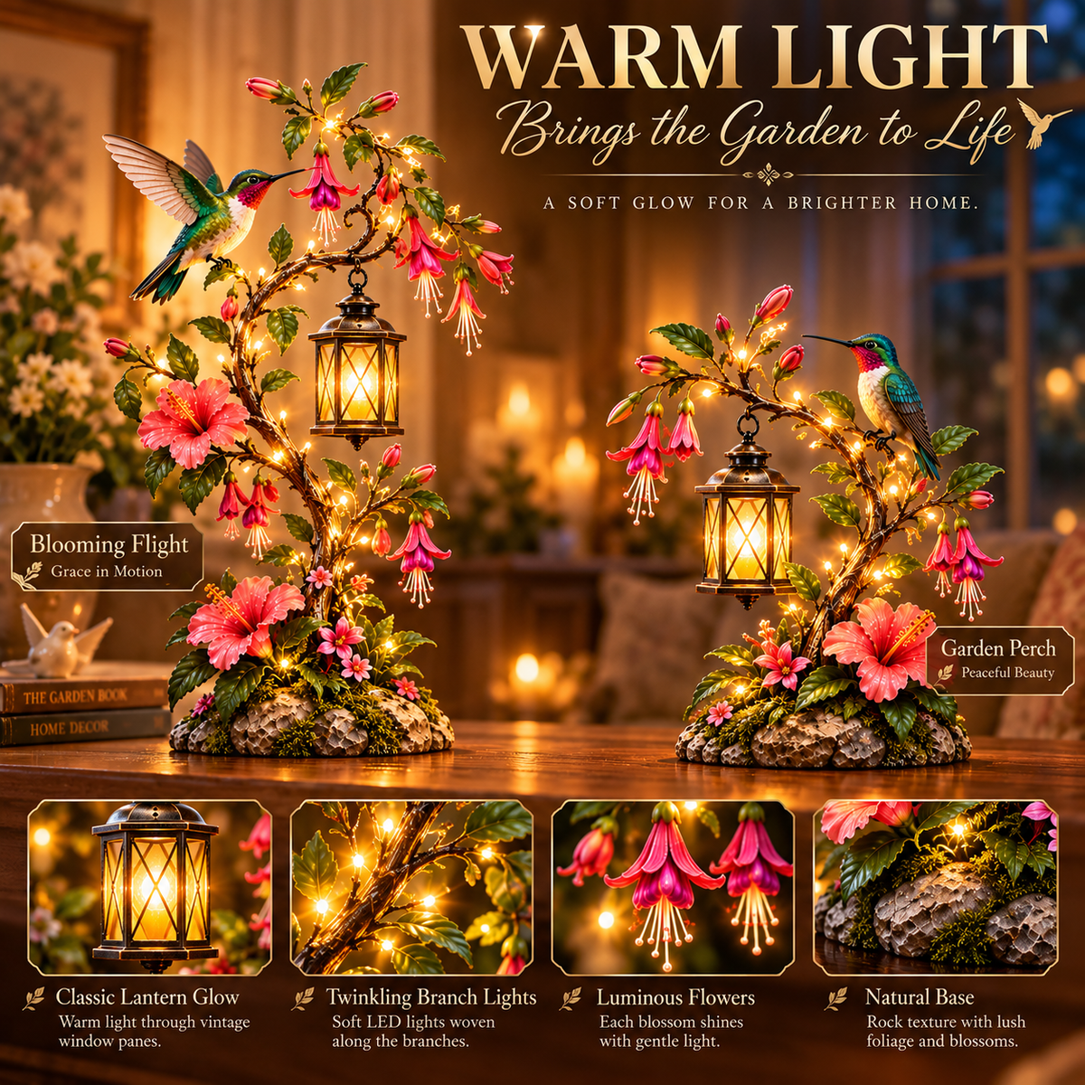 Warm light detail collage showing glowing vintage lantern, LED branches, pink hanging flowers and textured moss-look base