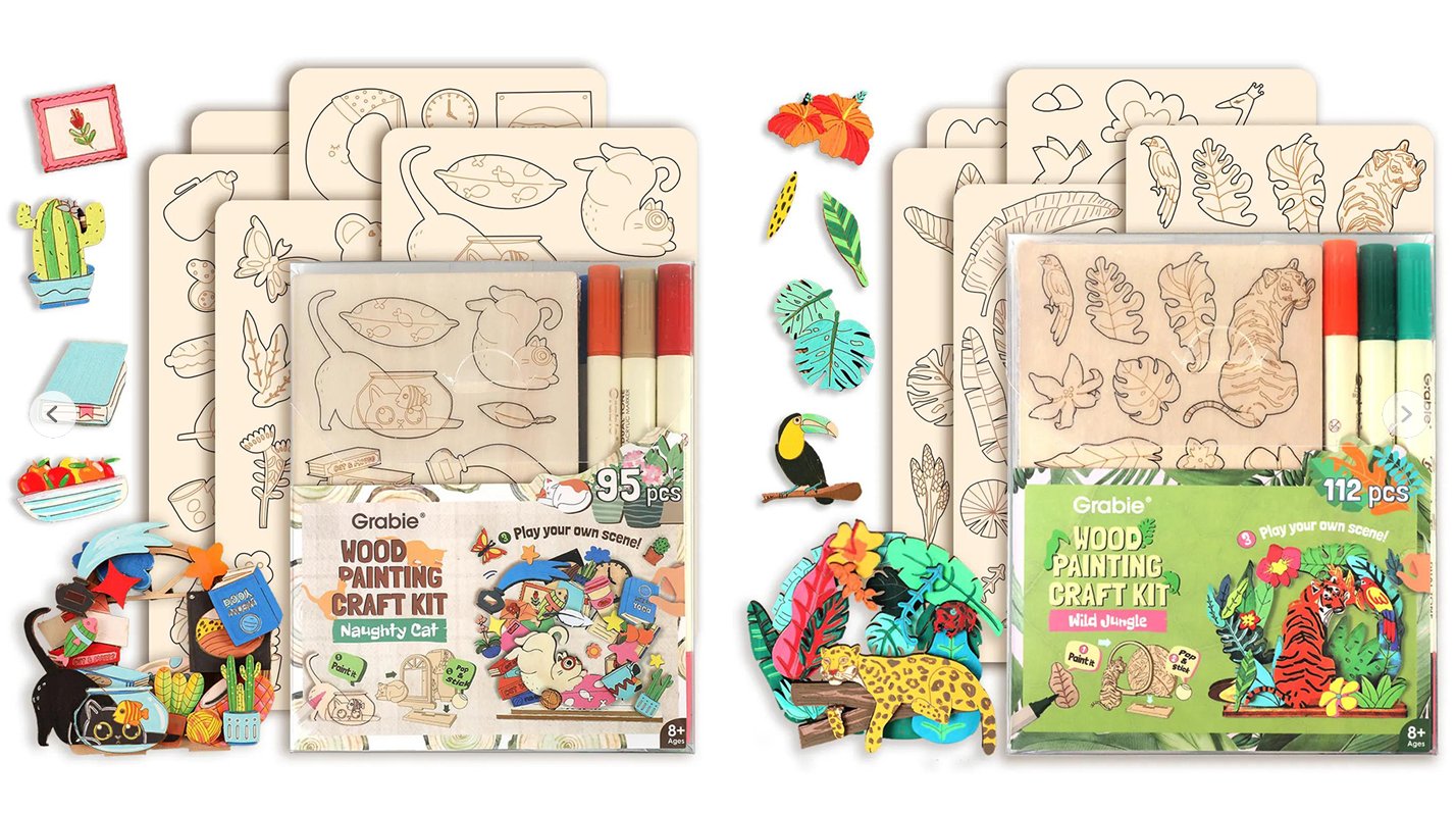🎨 Beginner-Friendly 2-Collection Wood Painting Craft DIY Kit | Complete Bundle with 195 Pre-Cut Wooden Pieces, 24 Acrylic Colors & Adhesive Dots Included 💕