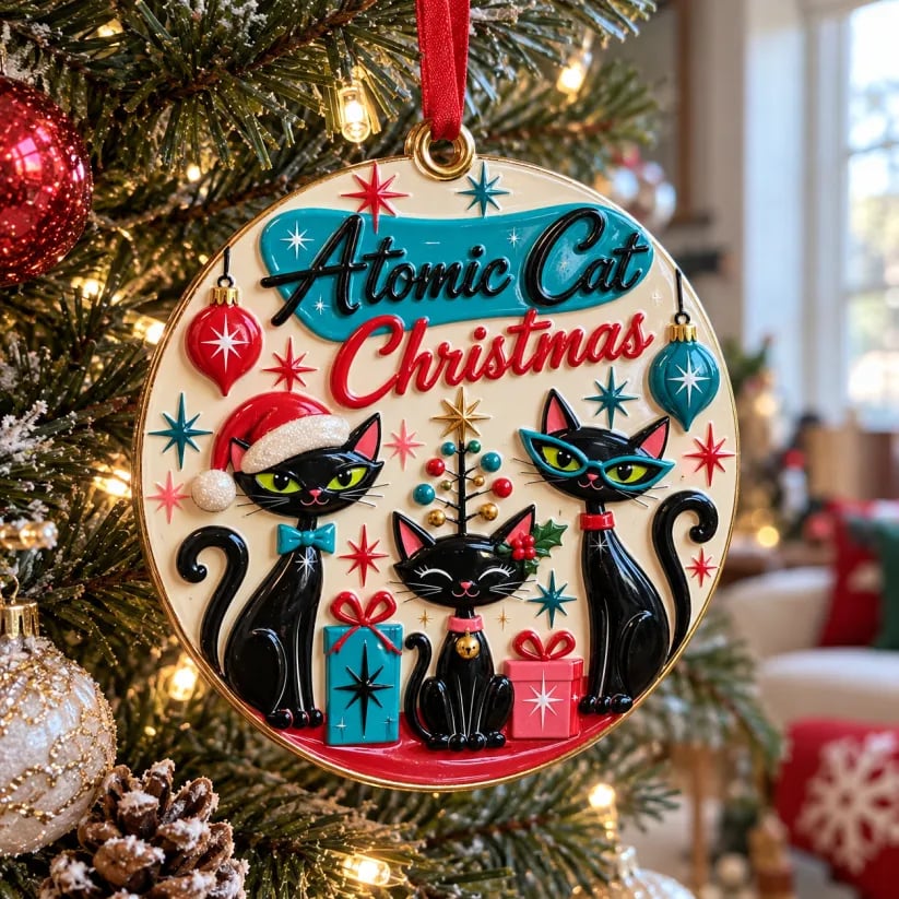 Vintage Mid-Century Black Cat Christmas Ornaments