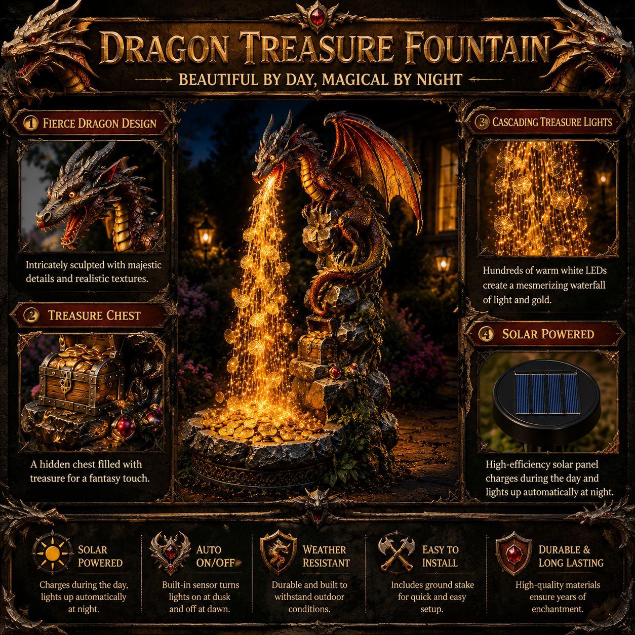 🐉✨ Dragon Treasure Fountain Solar Garden Light 💰🌙
