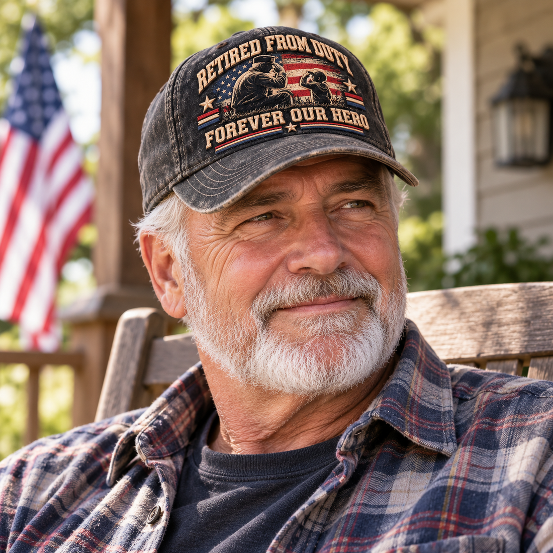 Veteran wearing adjustable black vintage embroidered cap on a porch