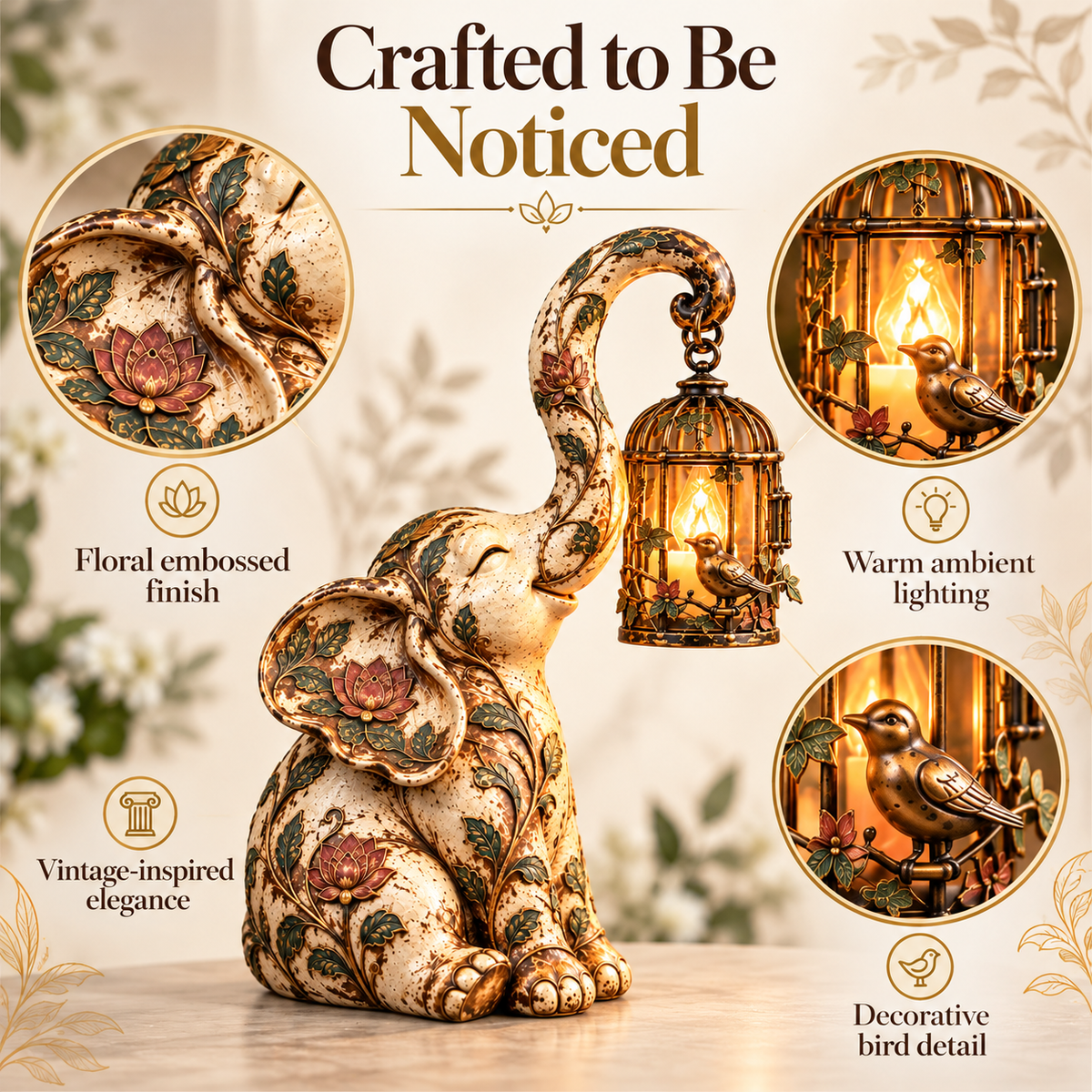 🏮🐘 Vintage Elephant Lantern Statue – Boho Floral Elephant Decor with Warm Hanging Light