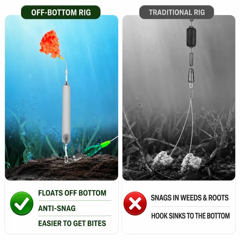Off-bottom fishing rig compared with traditional bottom rig