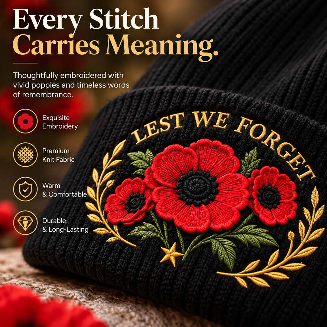 Poppy remembrance beanie detail