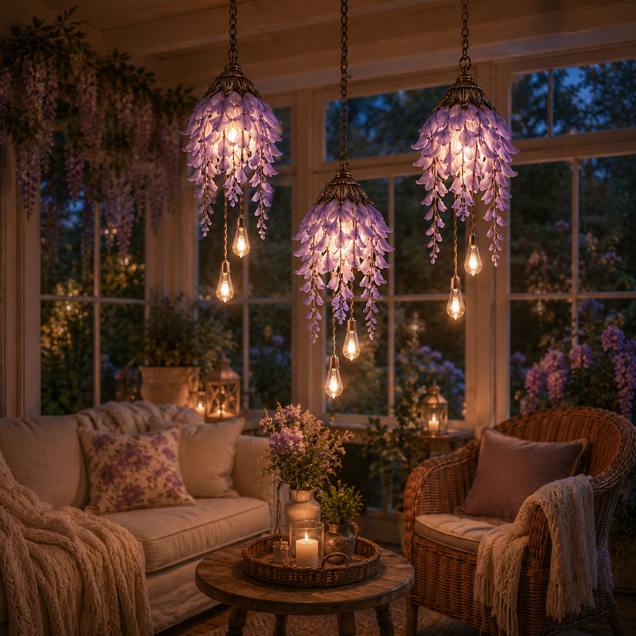 Wisteria hanging flower lights in a cozy sunroom