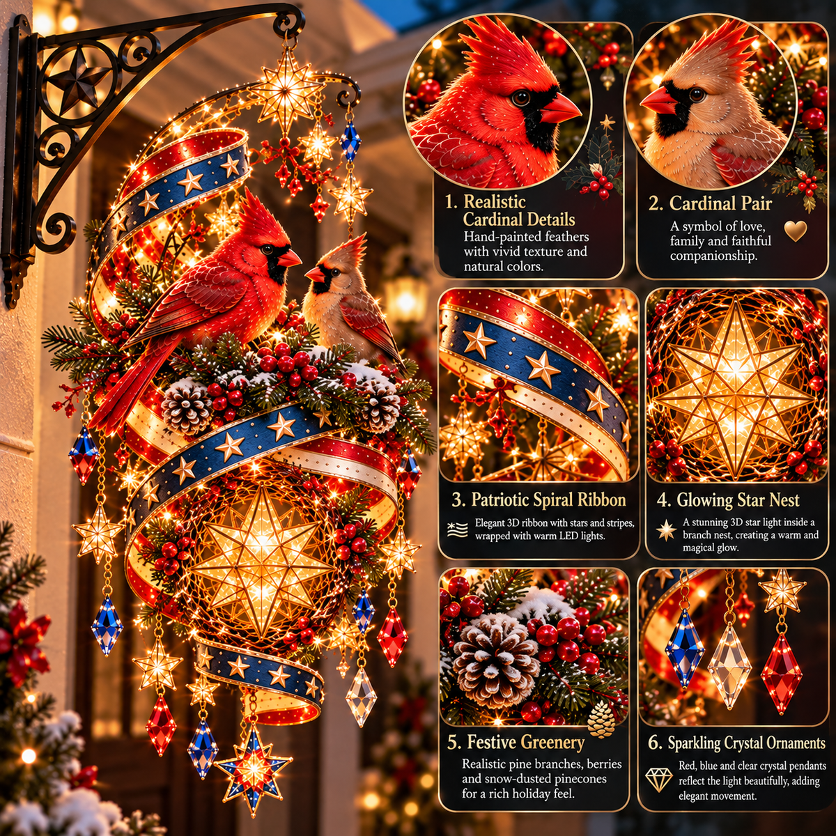 🇺🇸❤️ Cardinal's Freedom Spiral™ – Lighted Patriotic Christmas Porch Hanging Decor with Cardinal Pair, Glowing 3D Star & Red White Blue Ribbon ✨🎄