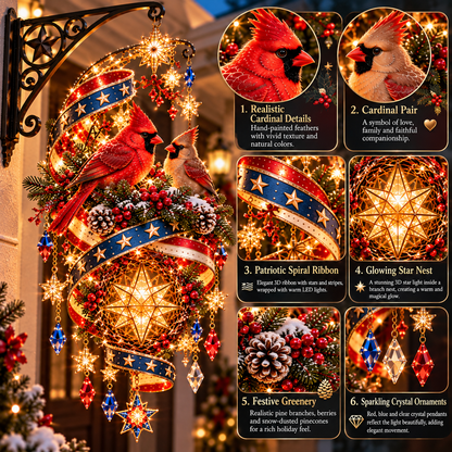 🇺🇸❤️ Cardinal's Freedom Spiral™ – Lighted Patriotic Christmas Porch Hanging Decor with Cardinal Pair, Glowing 3D Star & Red White Blue Ribbon ✨🎄