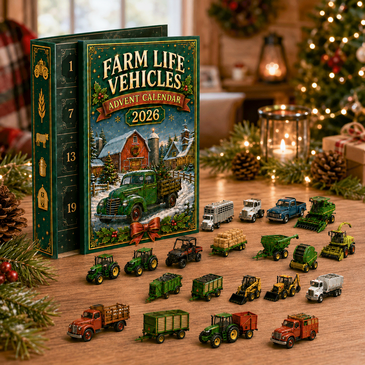 Open Farm Life Vehicles Advent Calendar with miniature farm machines displayed beside it
