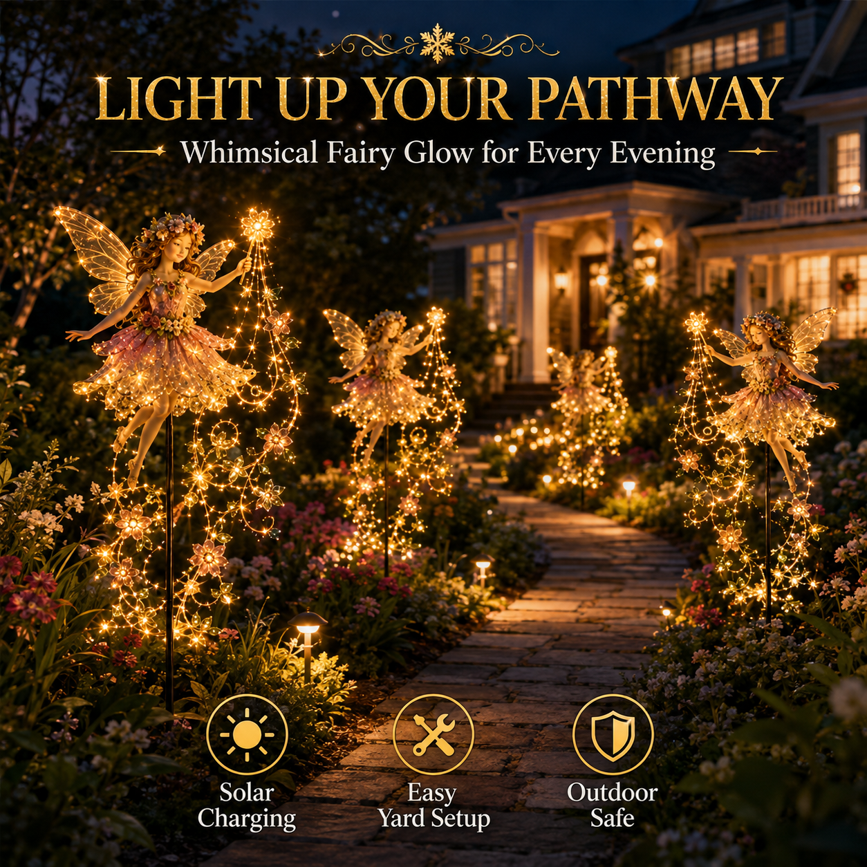 Flower Fairy lights along garden pathway