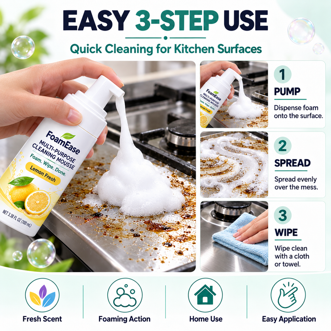 FoamEase three step pump spread wipe cleaning instructions