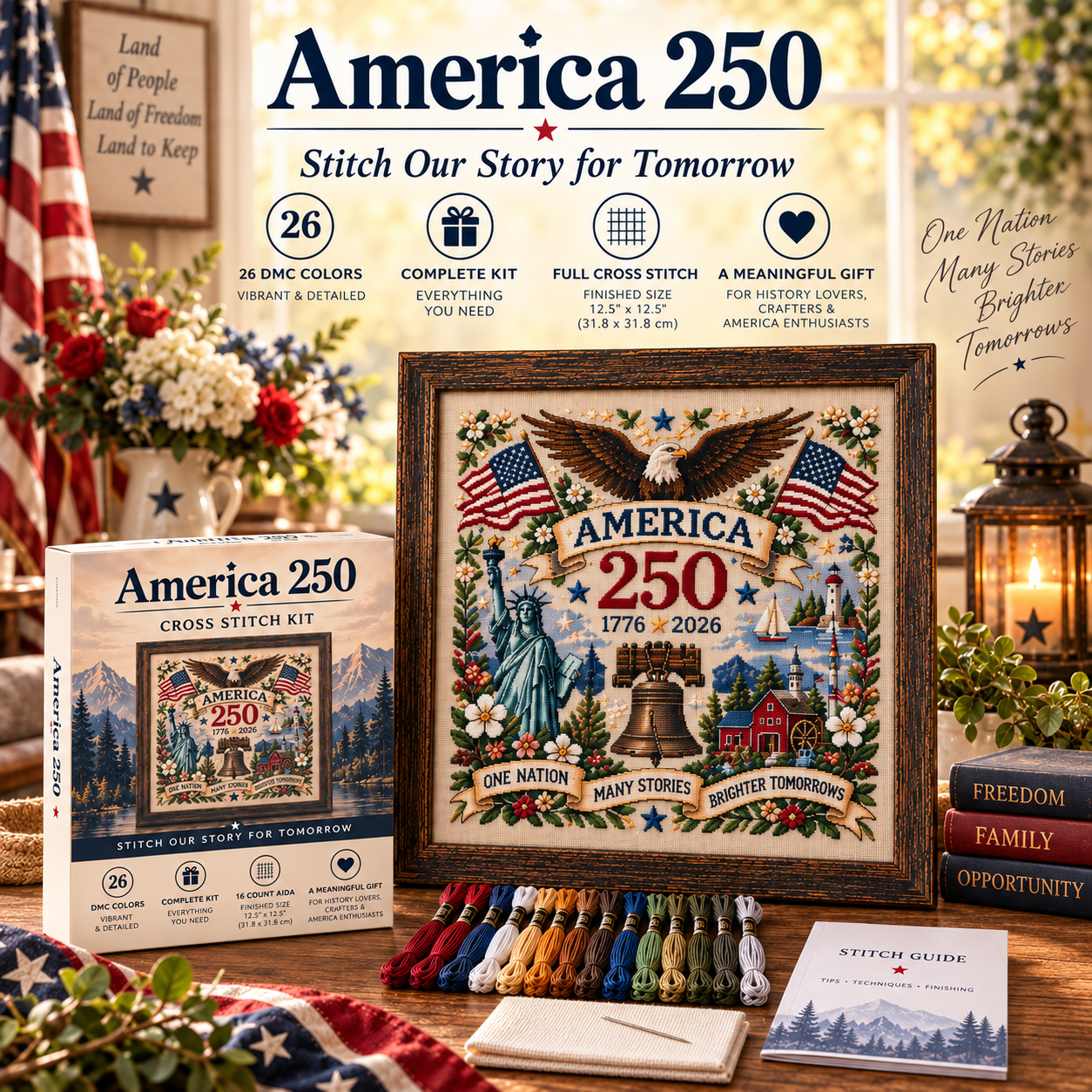 America 250 cross stitch kit features and finished artwork