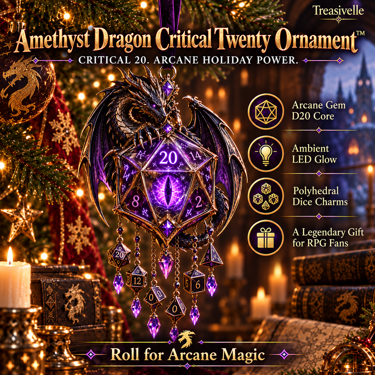 🐉🎲 Dragon Critical Twenty Ornament™ – Lighted D20 Fantasy Christmas Decor