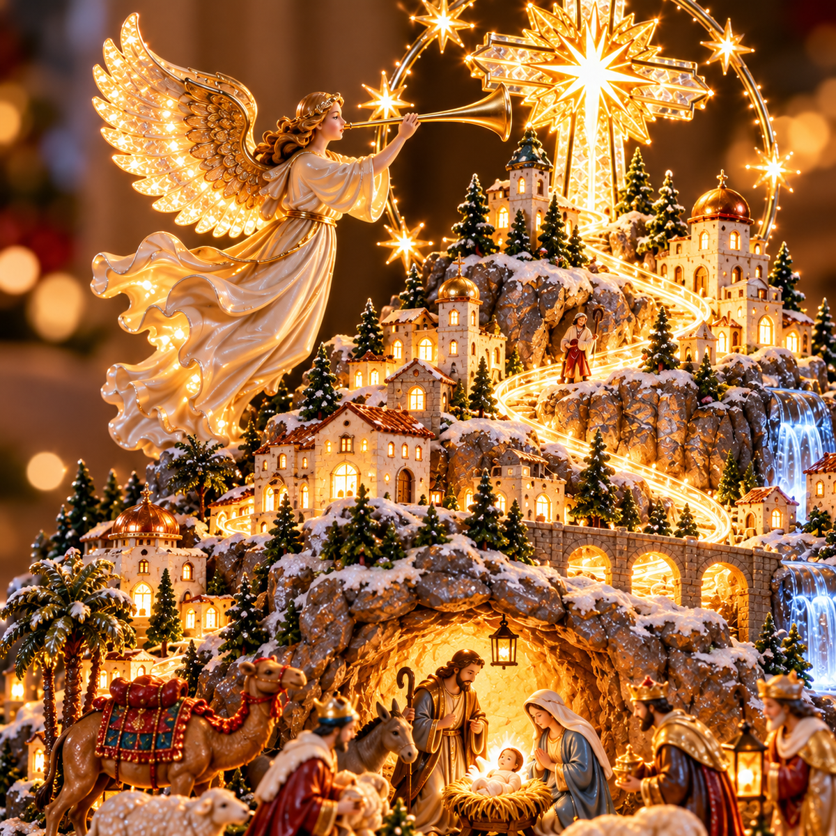 Detailed Nativity Bethlehem angel and cross mountain scene