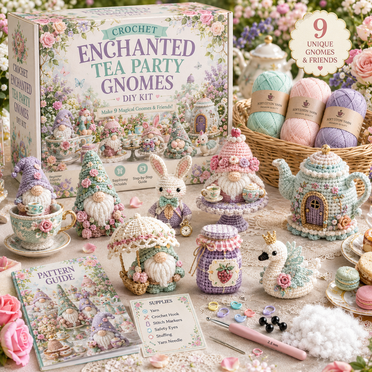 Enchanted Tea Party Gnomes Crochet DIY Kit