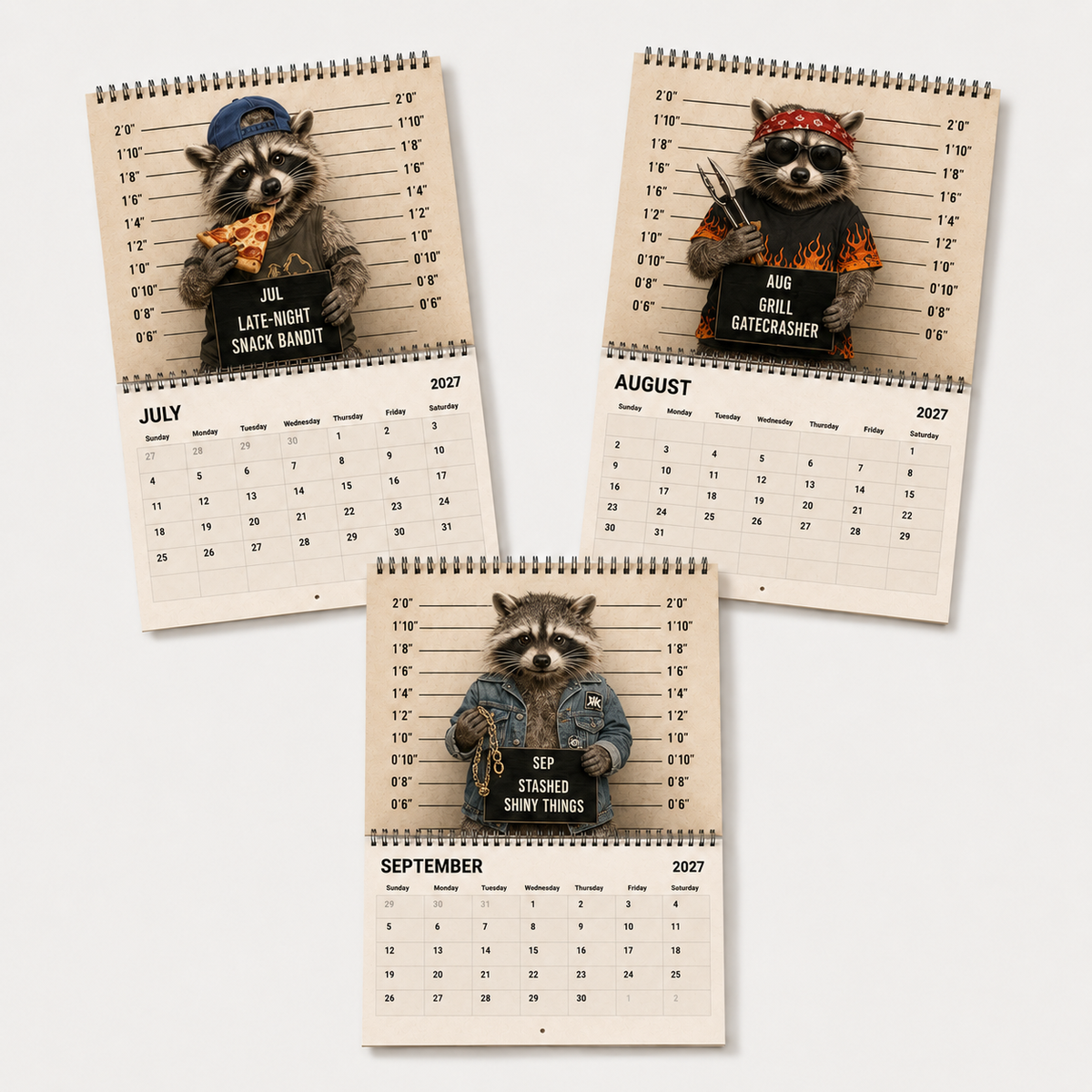 July August September Raccoon Crime Syndicate 2027 Calendar pages