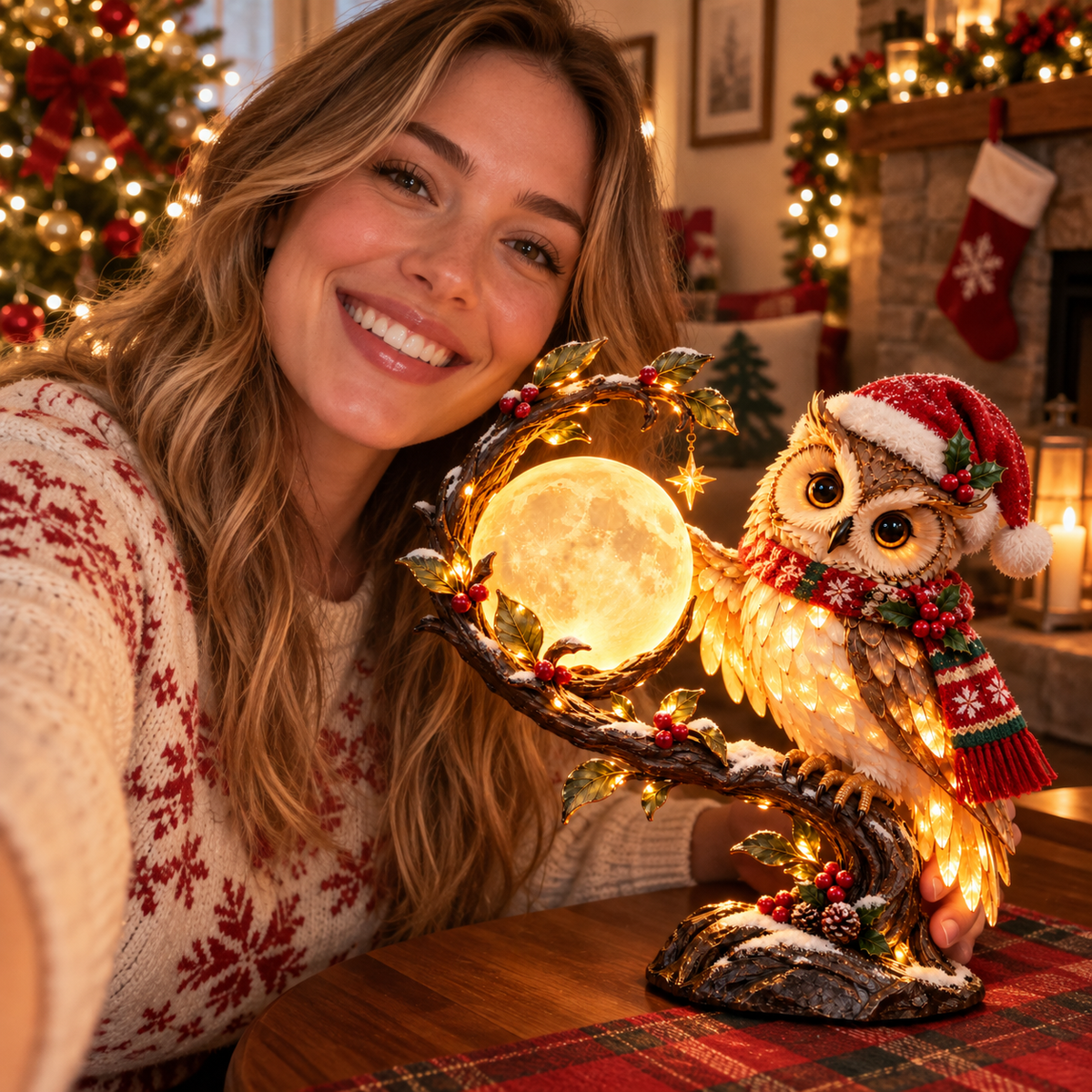 Moonkeeper Owl illuminated Christmas owl and moon lamp