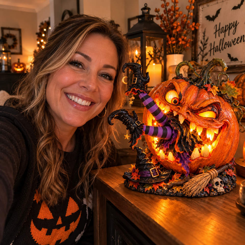 Halloween lifestyle scene showing a woman beside the glowing Pumpkin Ate the Witch tabletop decoration