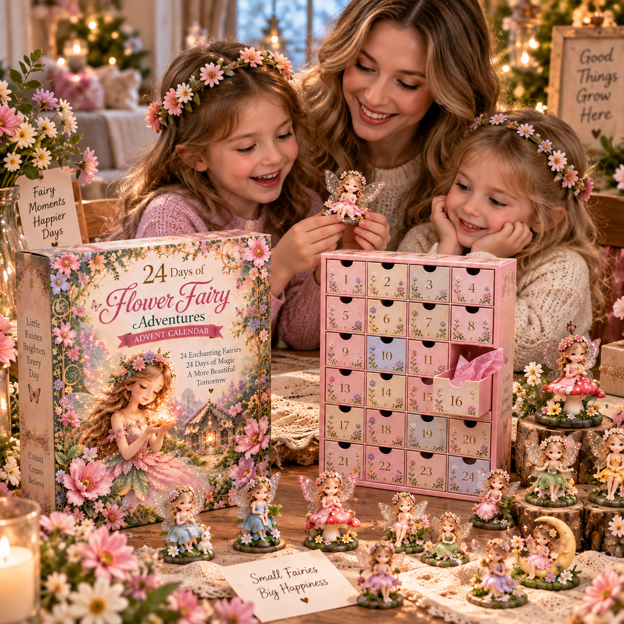 Family enjoying Flower Fairy Advent Calendar