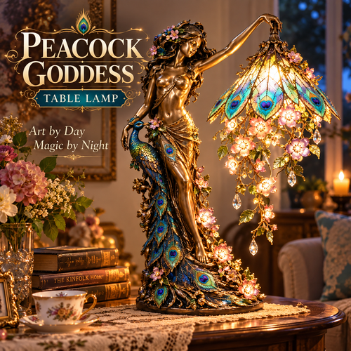 🦚 Peacock Goddess Table Lamp™ | 28cm Vintage Floral Accent Light with Warm Glow