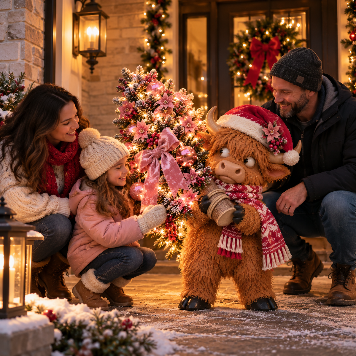 🎄🐮 Pinkmas Tree Bandit™ – Funny Lighted Highland Cow Carrying a Sparkling Pink Christmas Tree, Whimsical Holiday Porch Decor 🎀✨