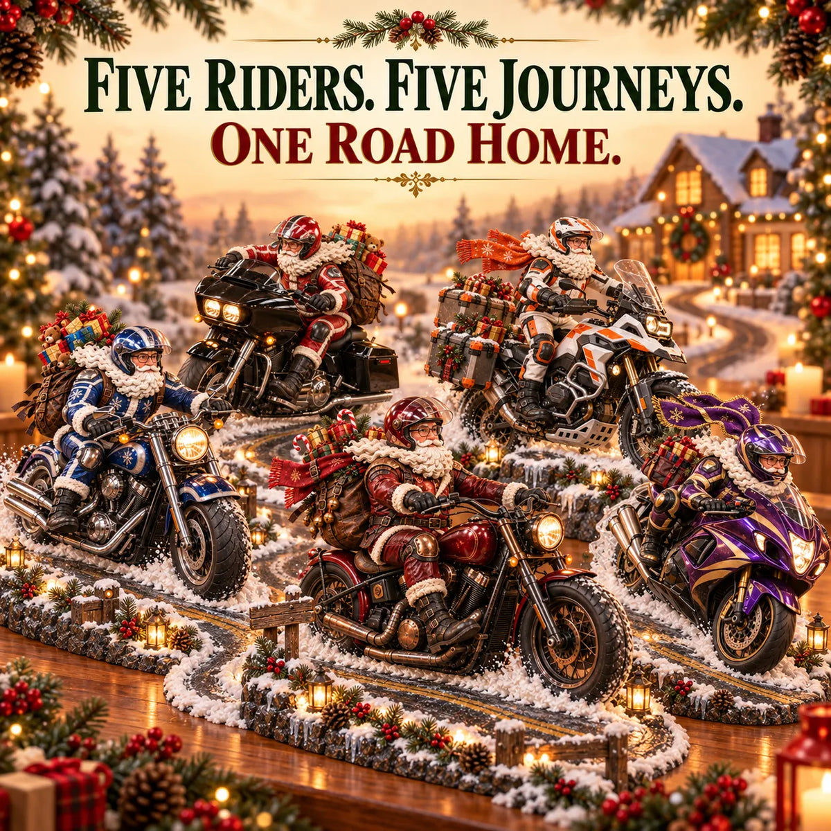 Five Santa motorcycle rider styles together