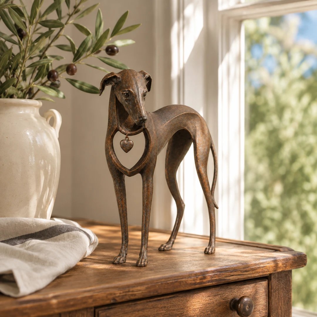 🐕 Heritage Heart Sighthound Sculpture – Vintage Iron Dog Accent for Timeless Interiors