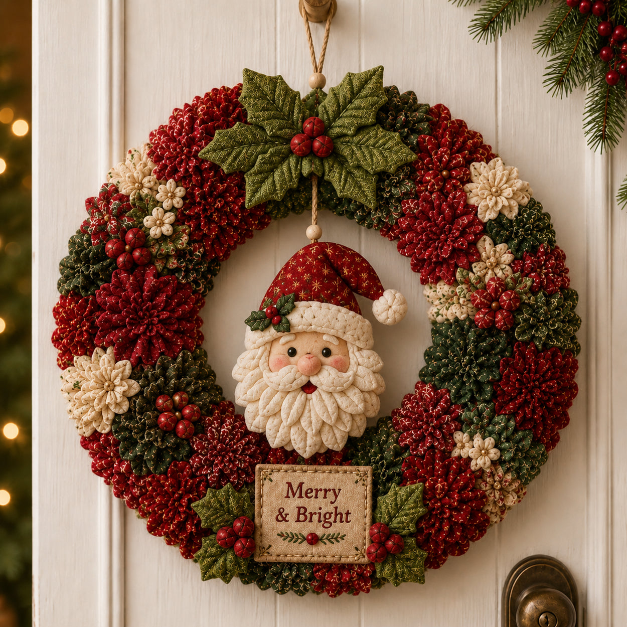 Finished Merry and Bright Santa 3D fabric poke wreath hanging on a door