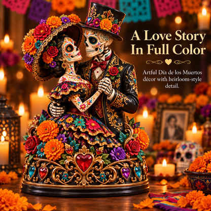 Eternal Love Catrina couple shown in a colorful Día de los Muertos inspired setting
