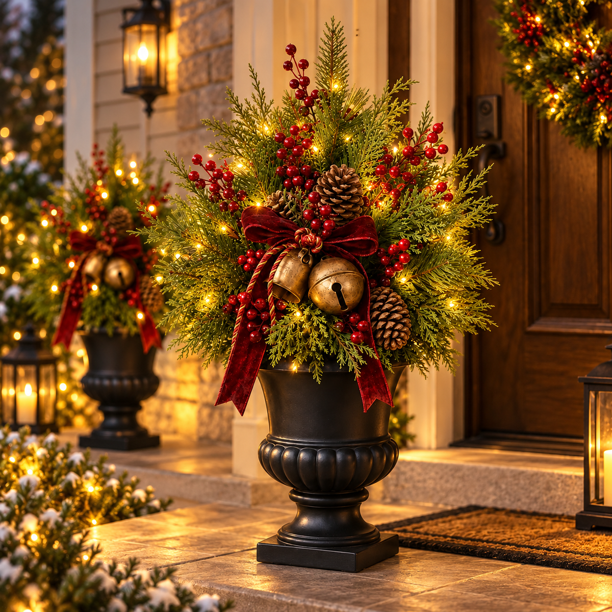 Illuminated Christmas greenery display