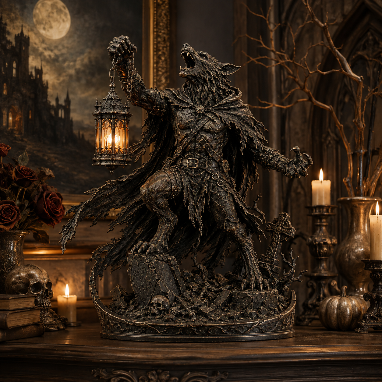 🌕🐺 Moonlit Werewolf Hunter Lantern Statue 🕯️🖤