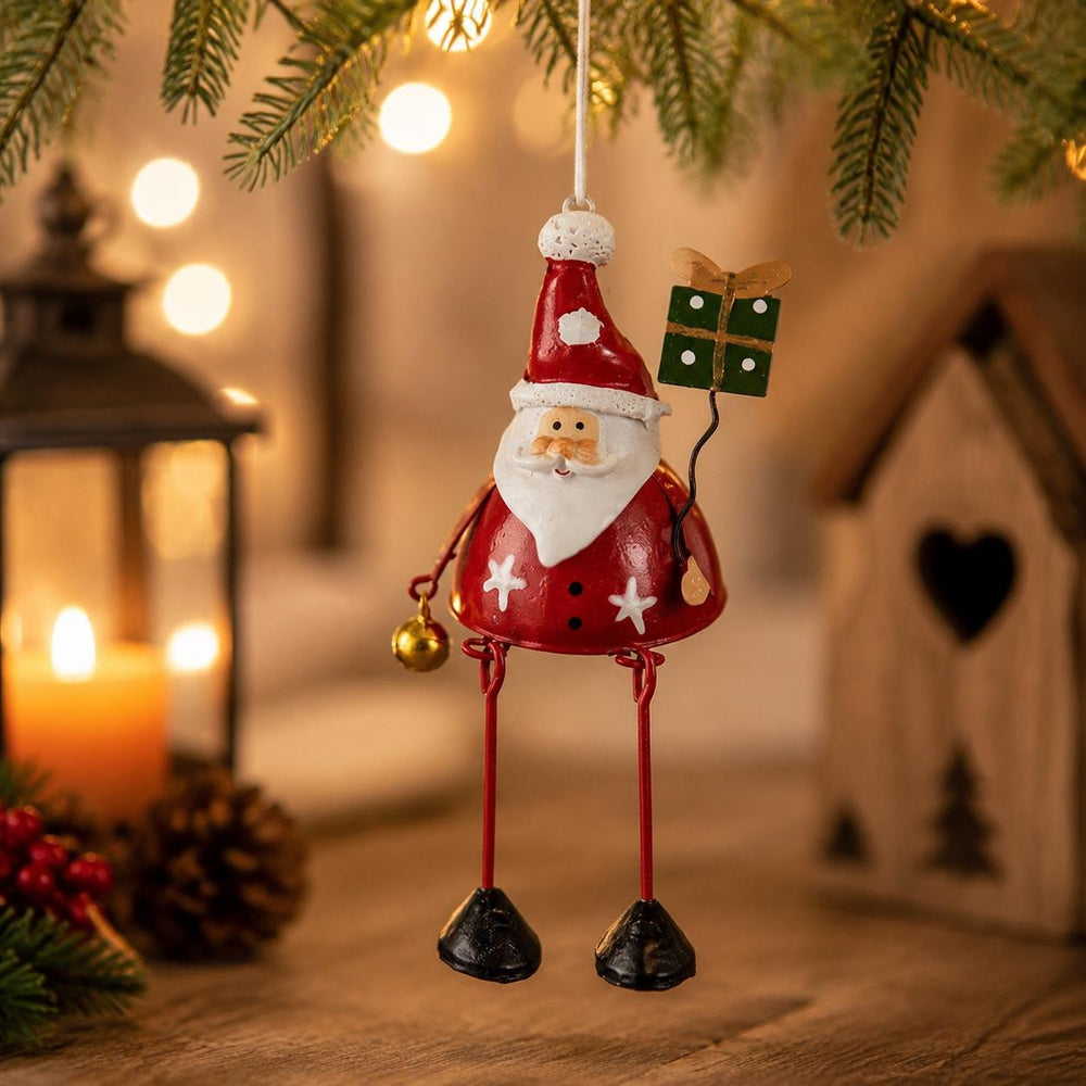 Hand painted metal Santa dangling leg Christmas ornament
