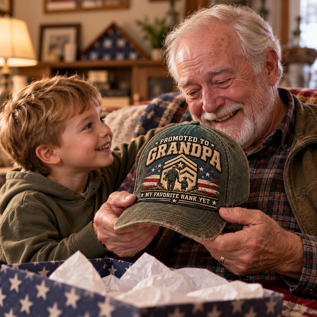 Grandfather smiles while receiving a Promoted to Grandpa cap from his grandson