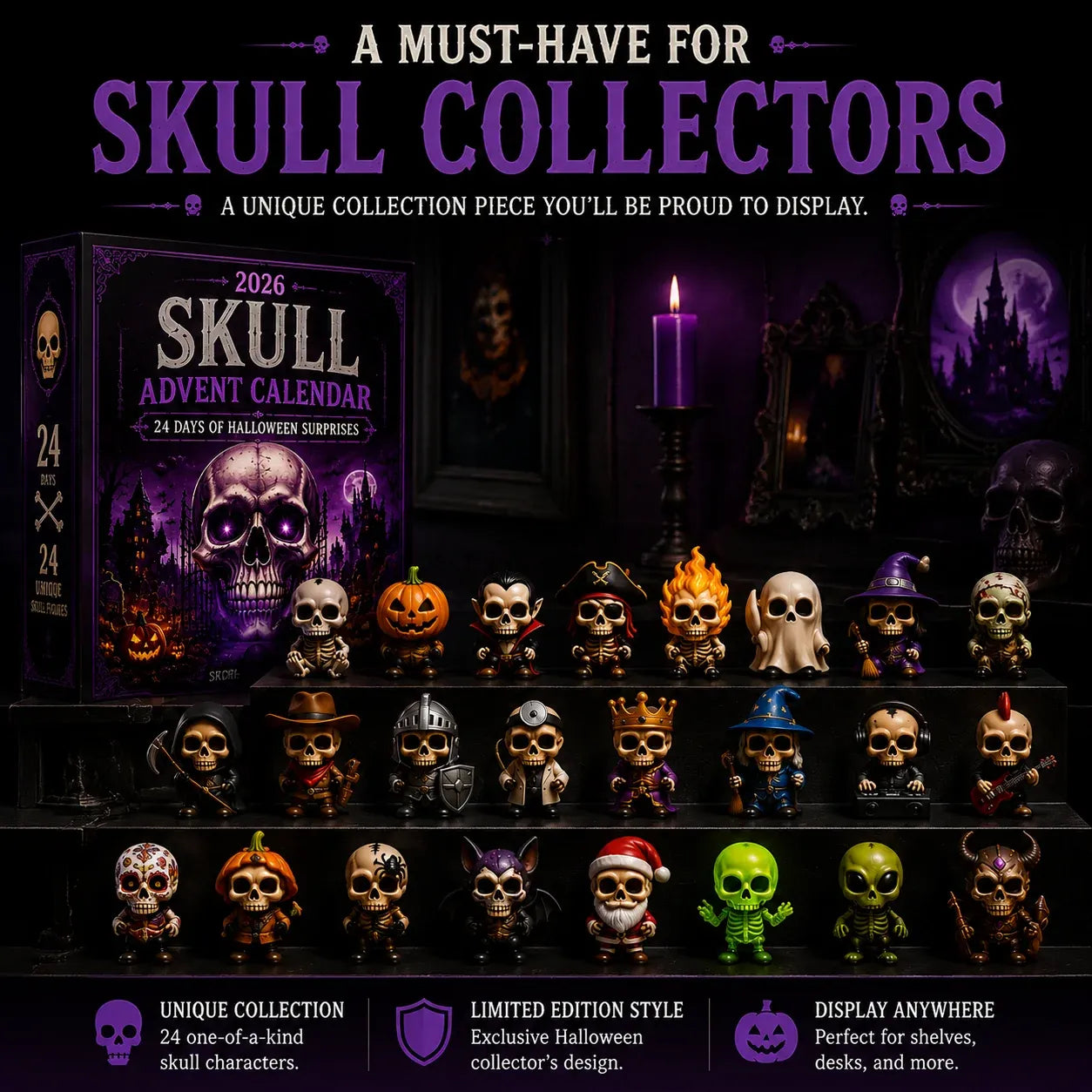 ⏳ Last Day 49% OFF – 💀 2026 Skull Halloween Advent Calendar | 24 Unique Collectible Skull Characters with Vampire, Pirate, Wizard & Monster Designs 🎃
